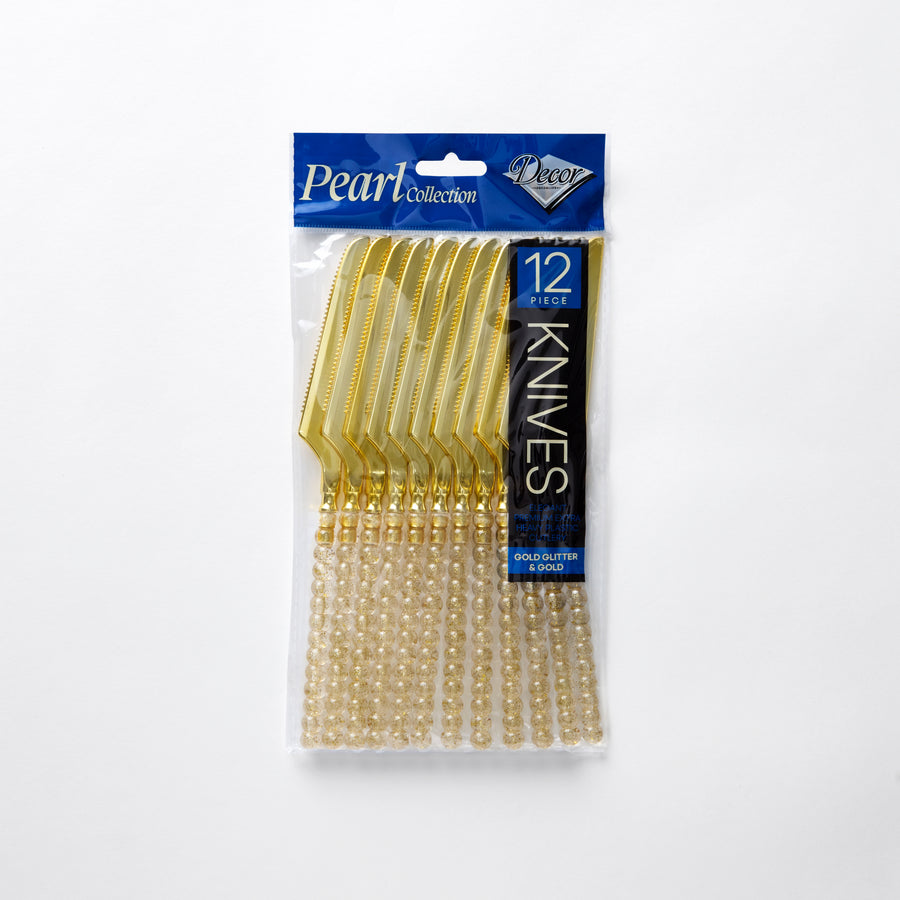 Decor Pearl Collection gold glitter and gold plastic knives 12 pack