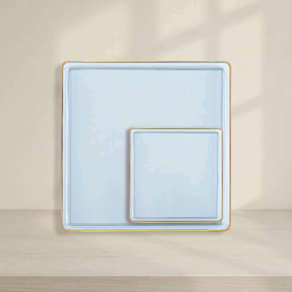 Square Plates Blue Transparent/Gold Rim- 10 Count