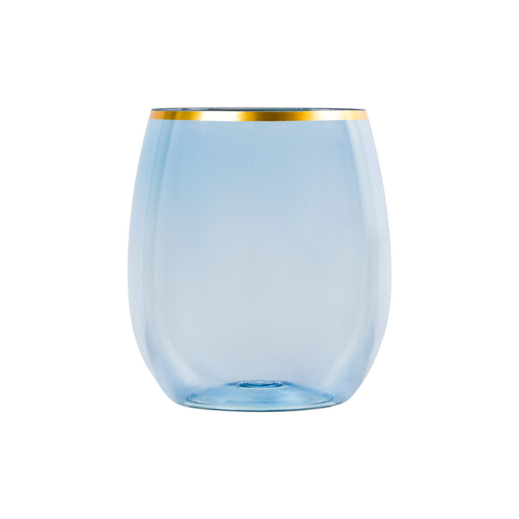 12oz Blue/Gold Rim Stemless Goblets- 6 Count