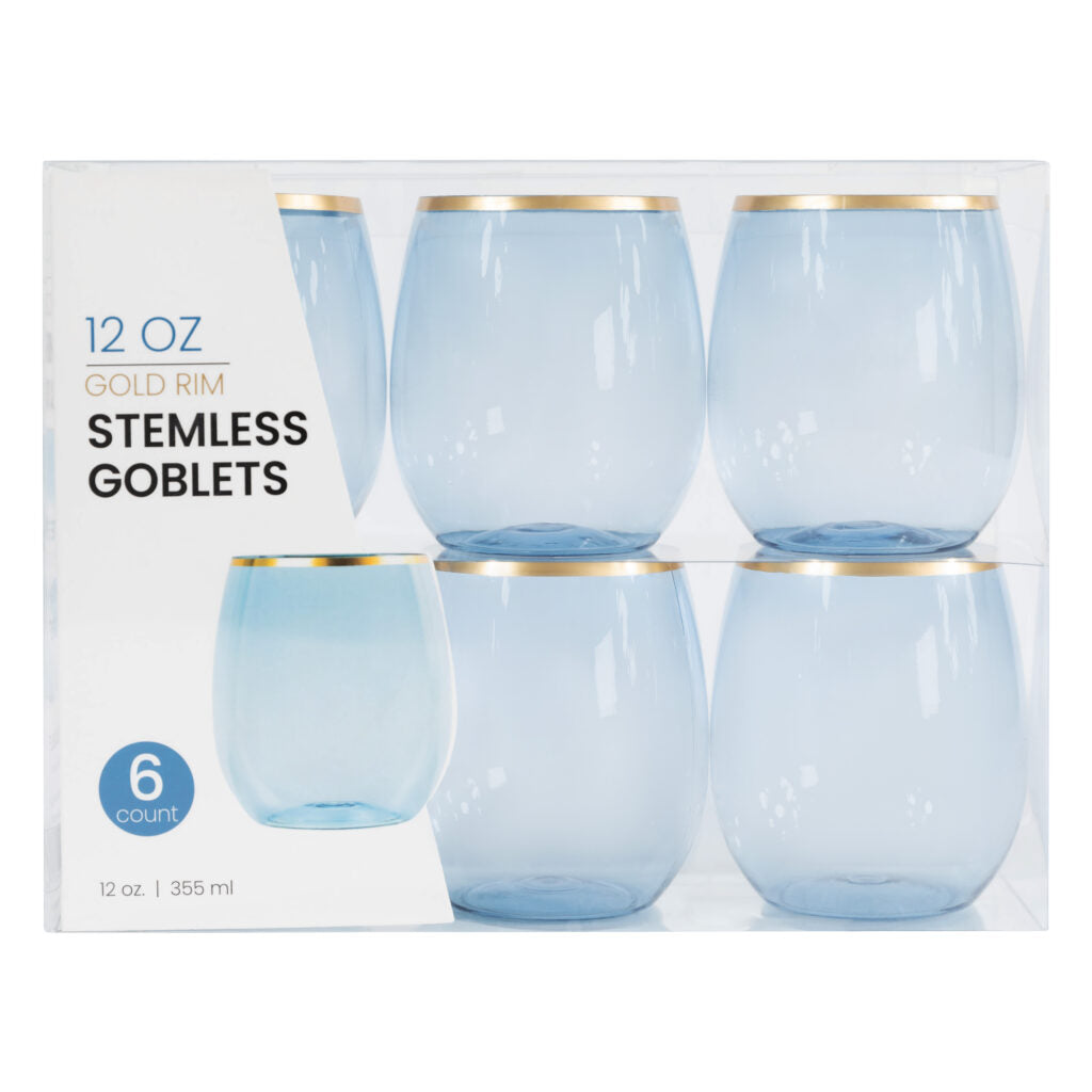 12oz Blue/Gold Rim Stemless Goblets- 6 Count