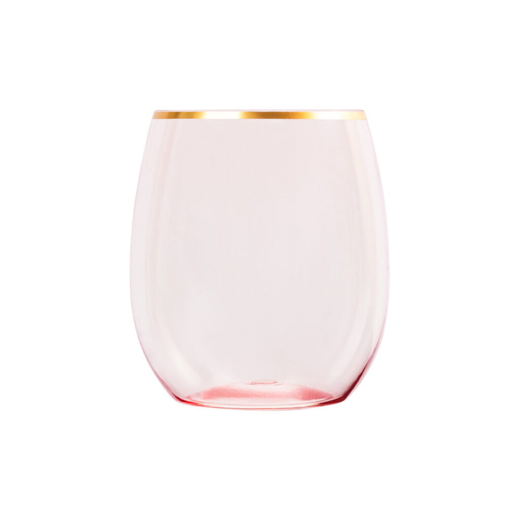 12oz Pink/Gold Rim Stemless Goblets- 6 Count