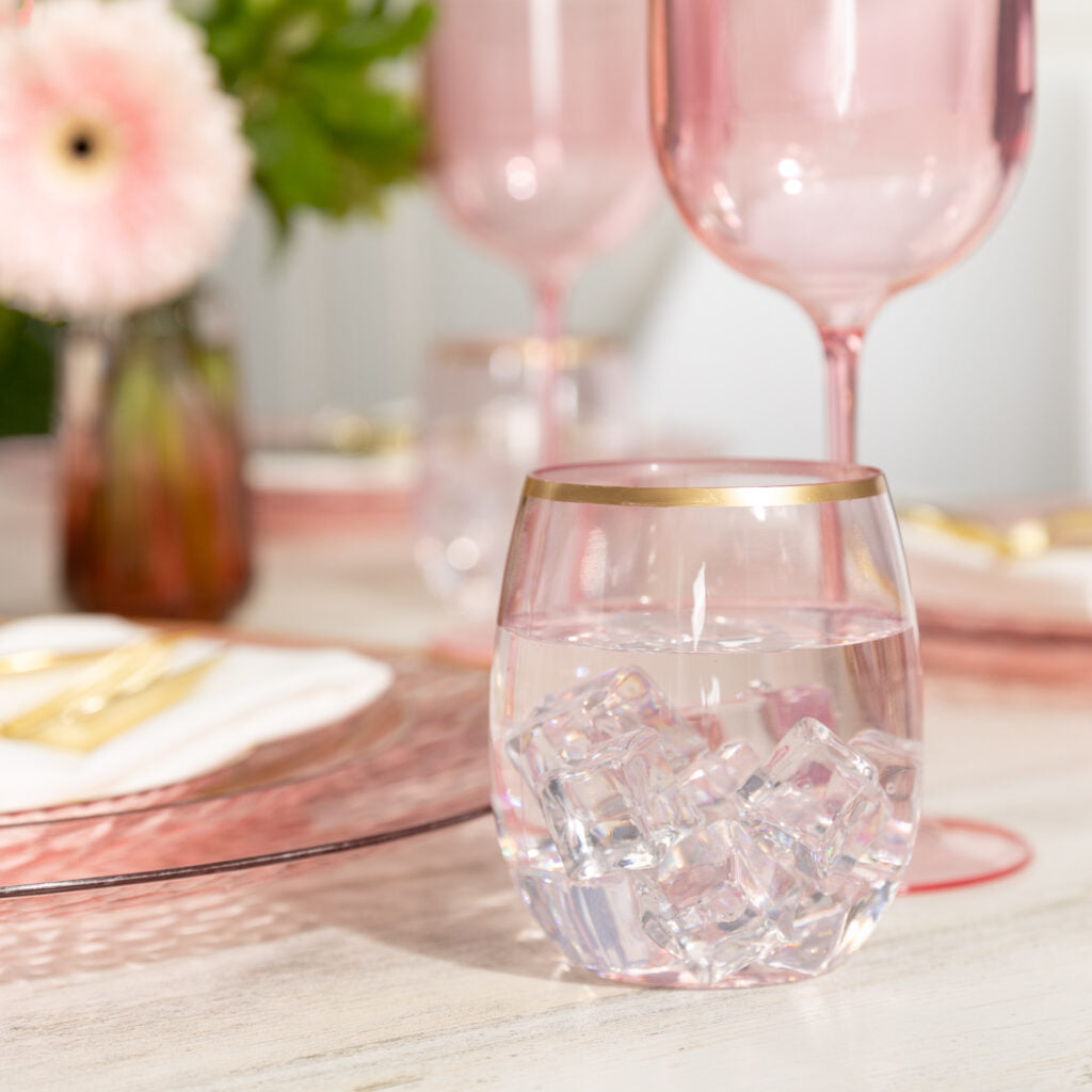 12oz Pink/Gold Rim Stemless Goblets- 6 Count