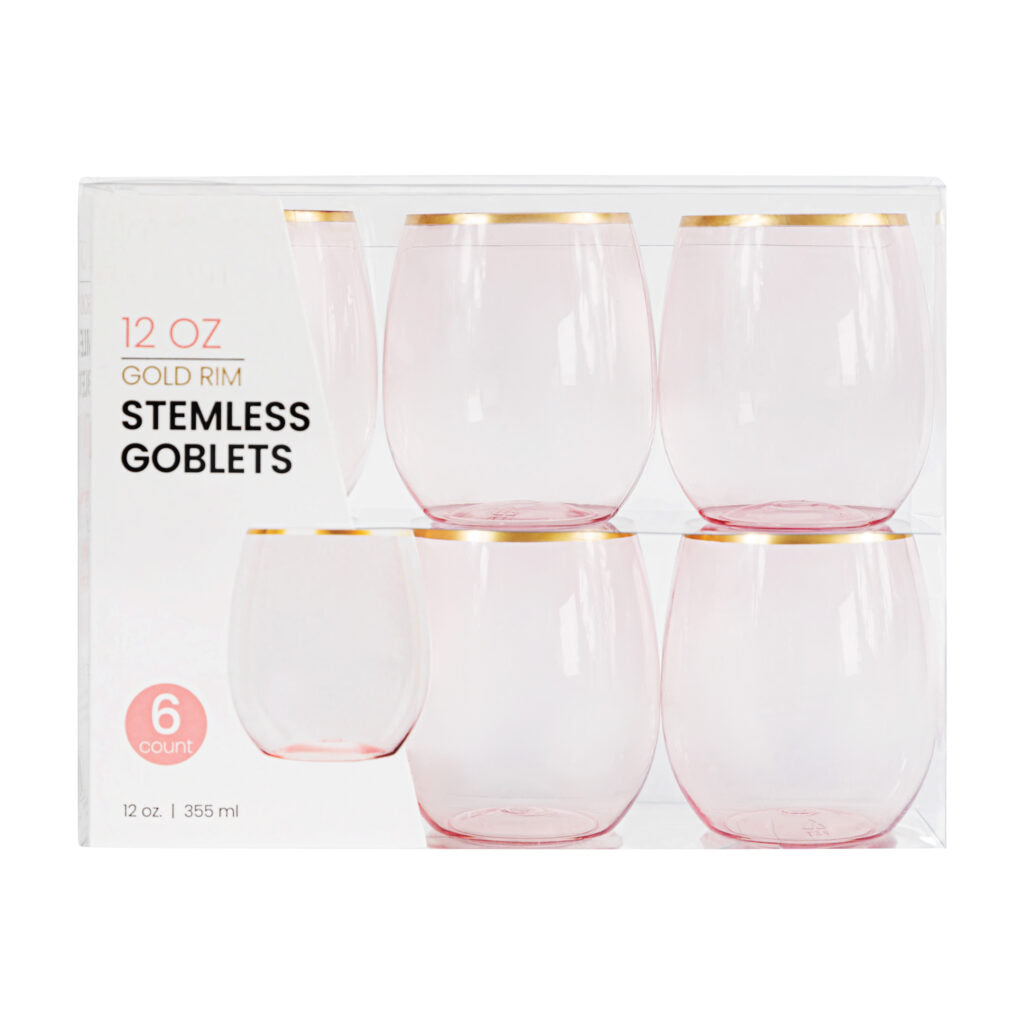 12oz Pink/Gold Rim Stemless Goblets- 6 Count