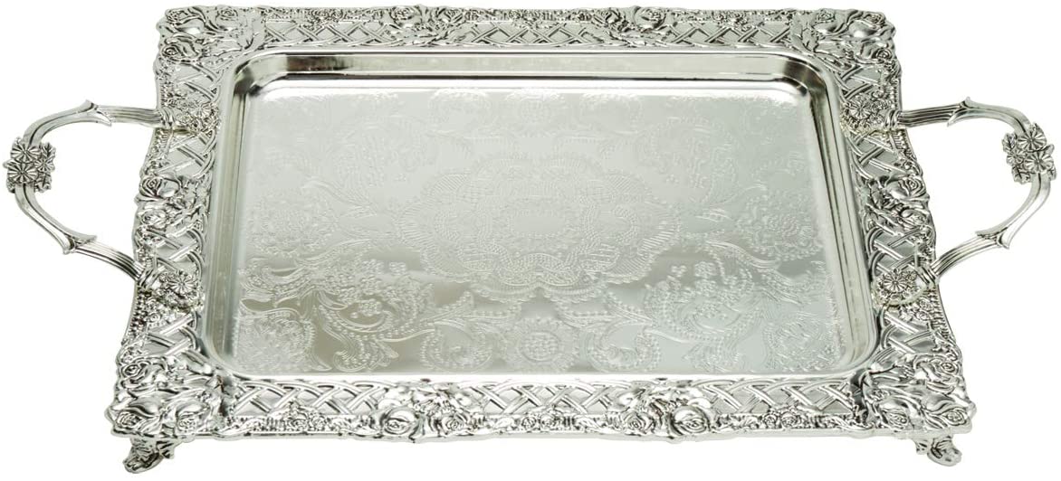 Ner Mitzvah silver plated tray with handles, 16 x 13.5 inches