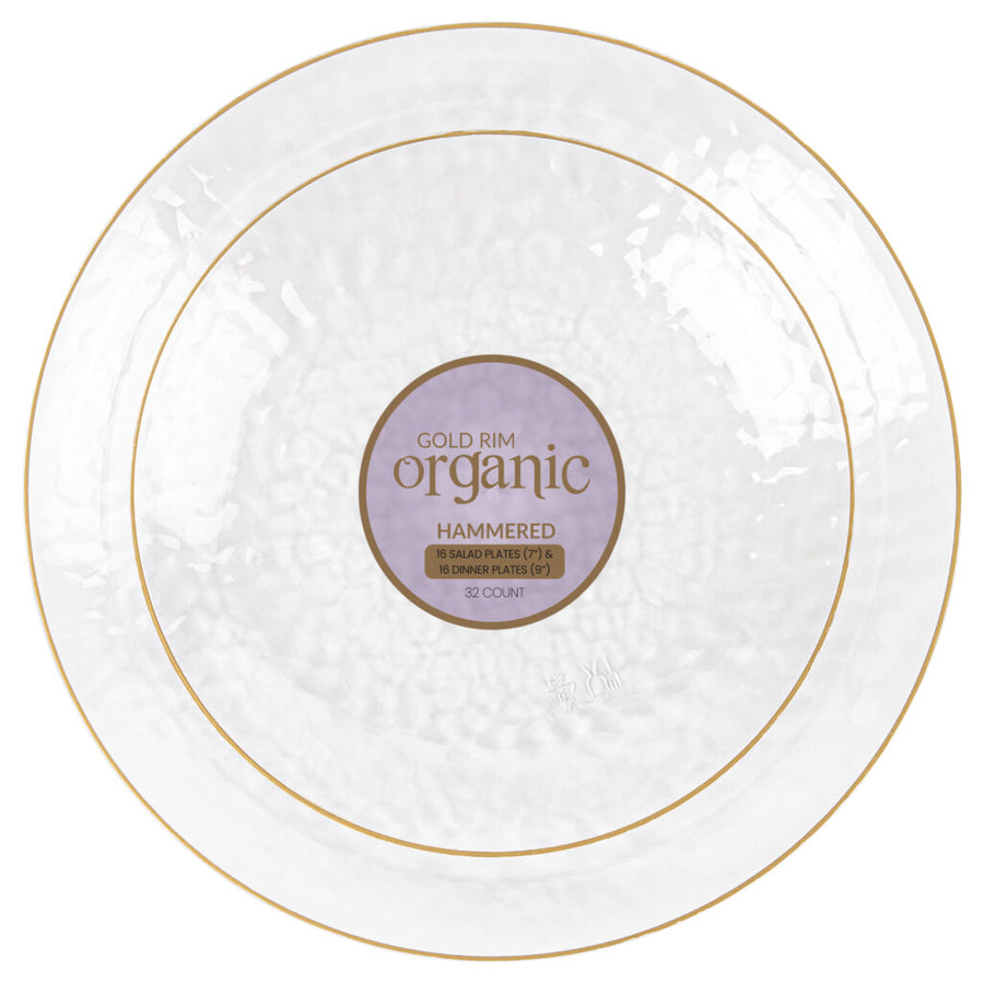 Clear Hammered Organic Gold Rim Combo Plates - 32 Count