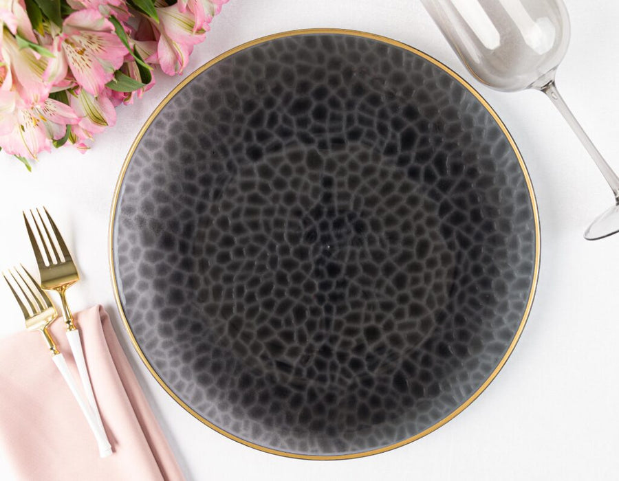 Hammered Black Transparent Gold Rim Chargers 13" - 4 Count