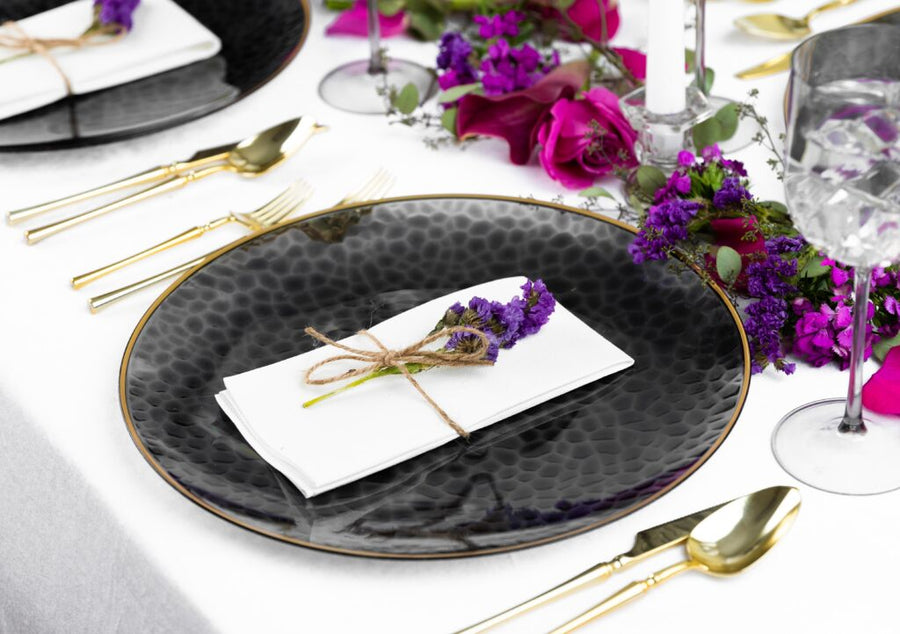 Hammered Black Transparent Gold Rim Chargers 13" - 4 Count