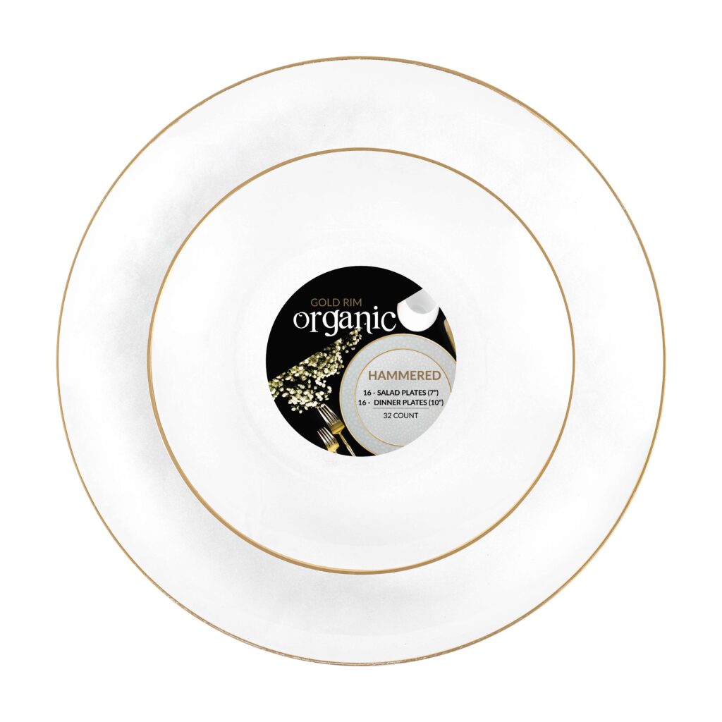 Organic Hammered White Transparent Gold Rim Combo Plates - 32 Count