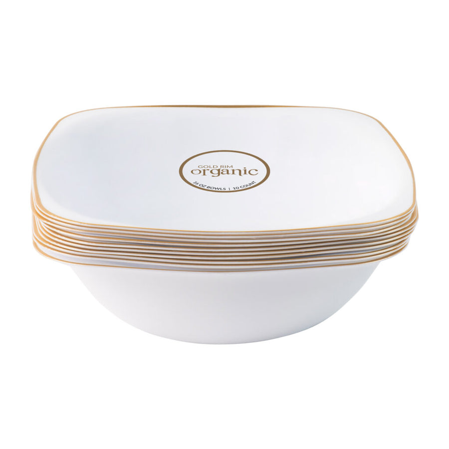 Organic Square Bowls White/Gold Rim 16 oz - 10 Count