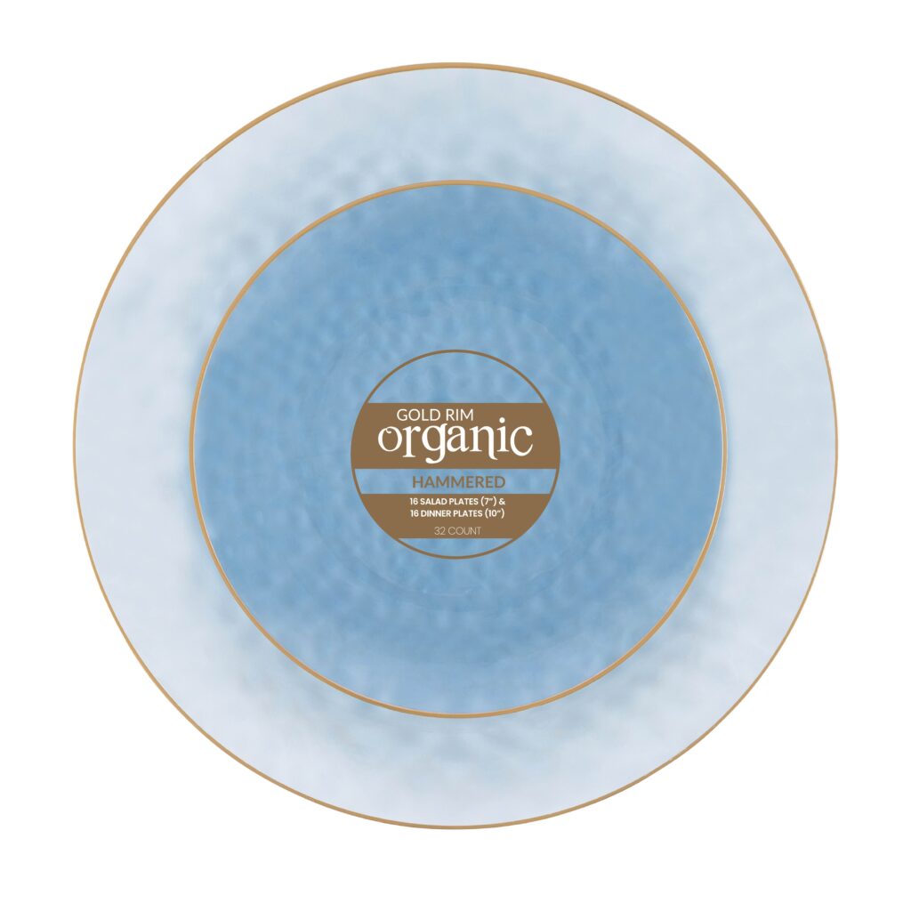 Organic hammered plastic plates combo set with gold rim in 7 and 10 inch sizes#Color_Blue Gold 32 Count