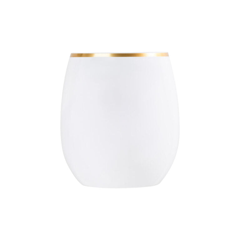 White/Gold Rim Stemless Goblets 12oz- 6 Count - The Closeout Connection