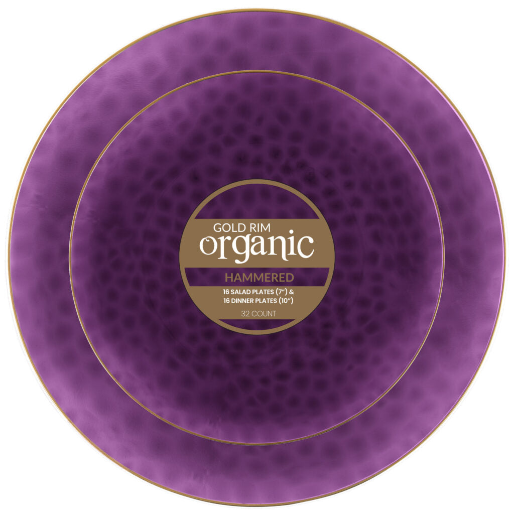 Organic Hammered Plates with Purple & Gold Rim (32 Count) - The Closeout Connection