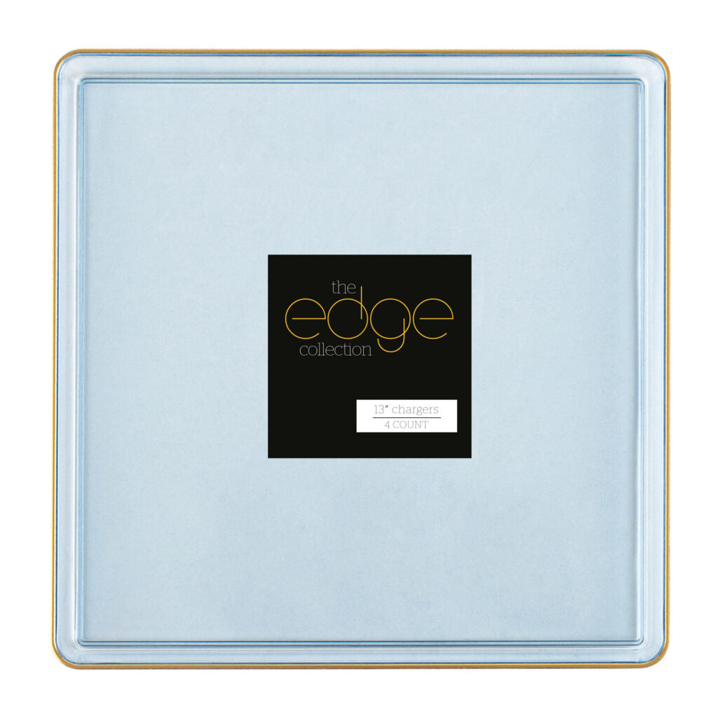Square Edge 13" Chargers Blue Transparent/Gold Rim - 4 Count