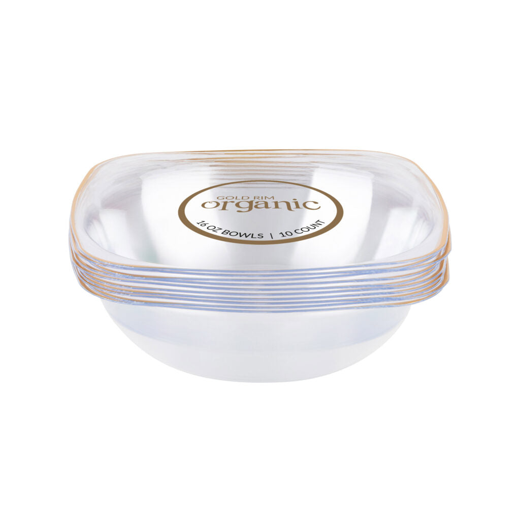 Organic Square Bowls Clear/Gold Rim 16 oz - 10 Count