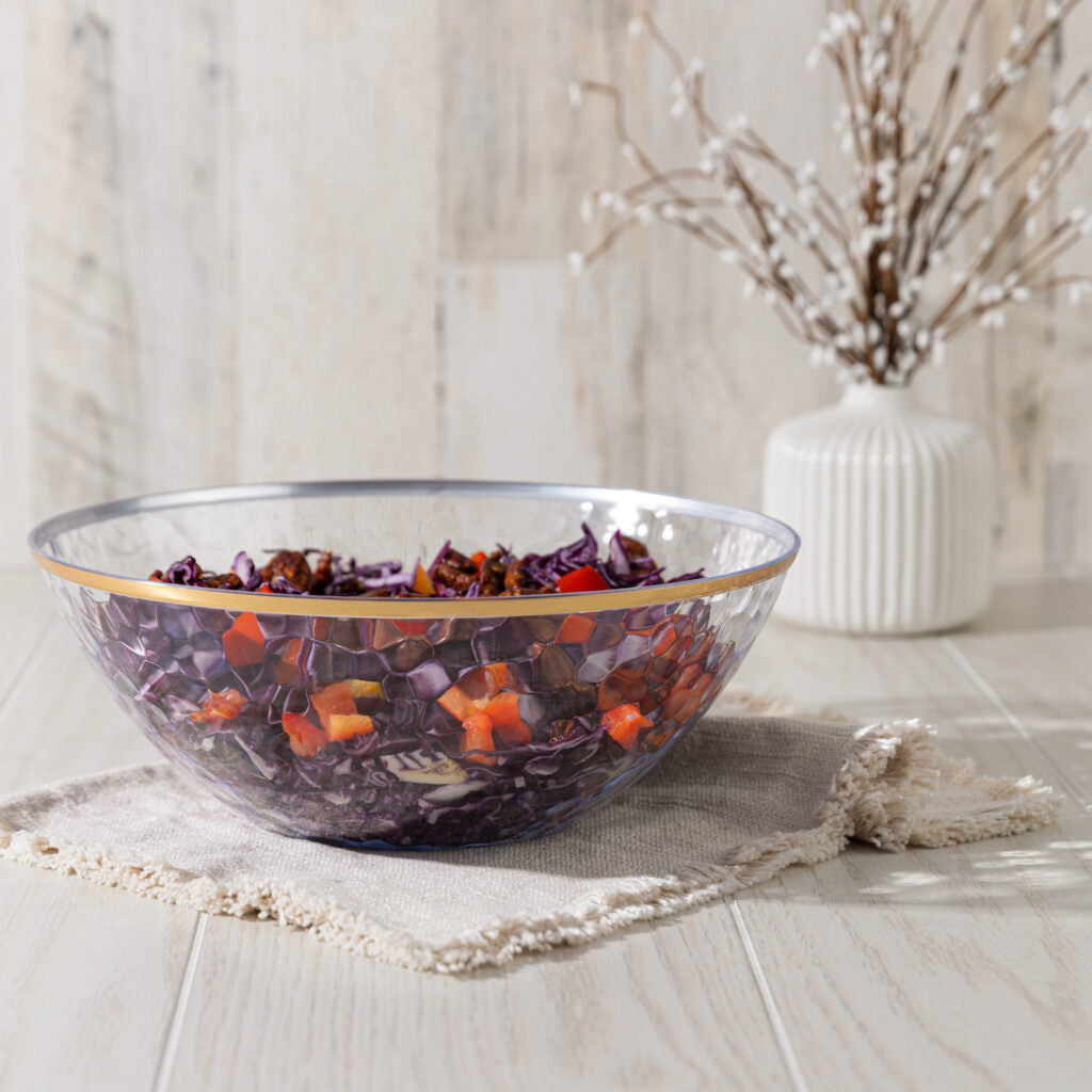 Hammered Salad Bowl Clear with Gold Rim - The Closeout Connection