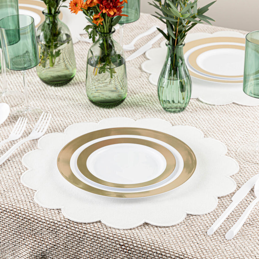 Shimmer gold rim combo plates in an elegant table place setting