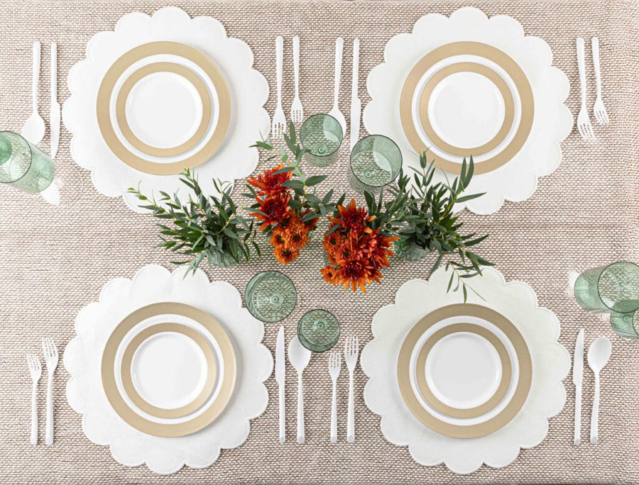 Table set for four with Shimmer gold rim combo plates