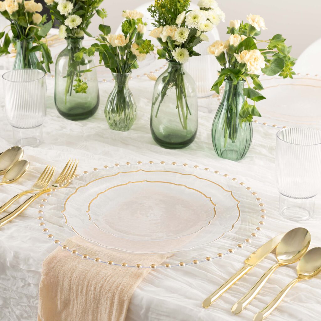 Aristocratic Clear & Gold Rim plates in a place setting - The Closeout Connection