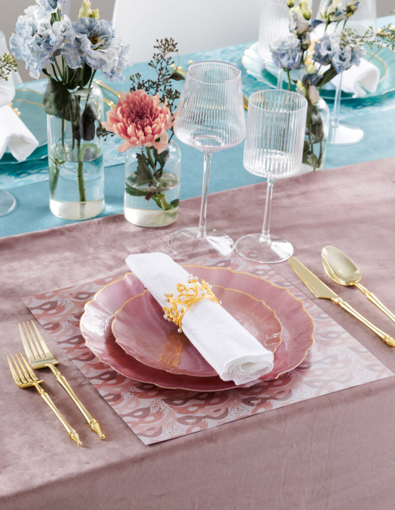 Aristocratic Pearl Pink & Gold Rim plates on a set table - The Closeout Connection