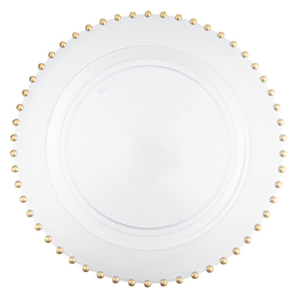 Beaded Chargers 13 in Clear/Gold - 4 Count - The Closeout Connection