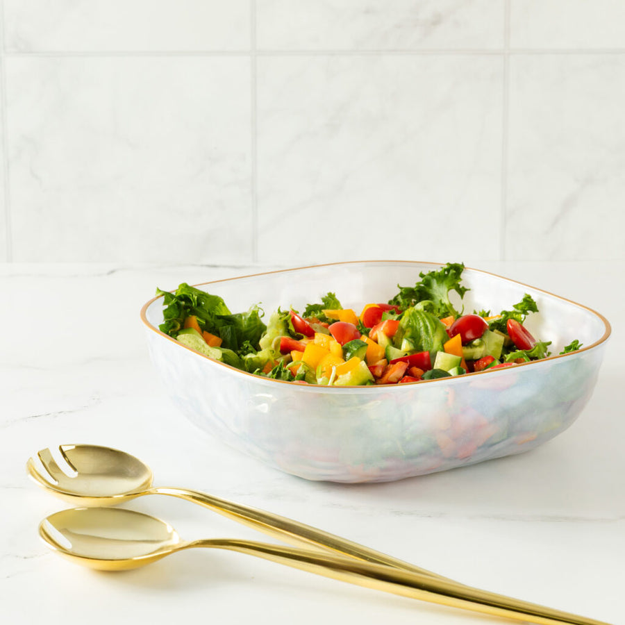 Hammered Square Bowl Pearl/Gold Rim 96 oz - The Closeout Connection