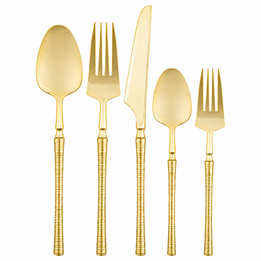 Ribbed Flatware Collection in gold - knife, dinner fork, salad fork, soup spoon and teaspoon
