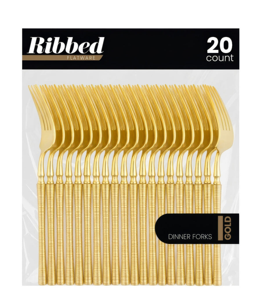 Gold ribbed plastic dinner forks, 20 count