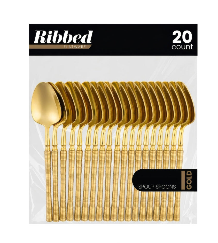 Gold ribbed plastic soup spoons, 20 count