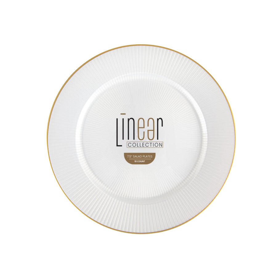 Linear Collection pearl 7.5 inch salad plates with gold rim, 10 count