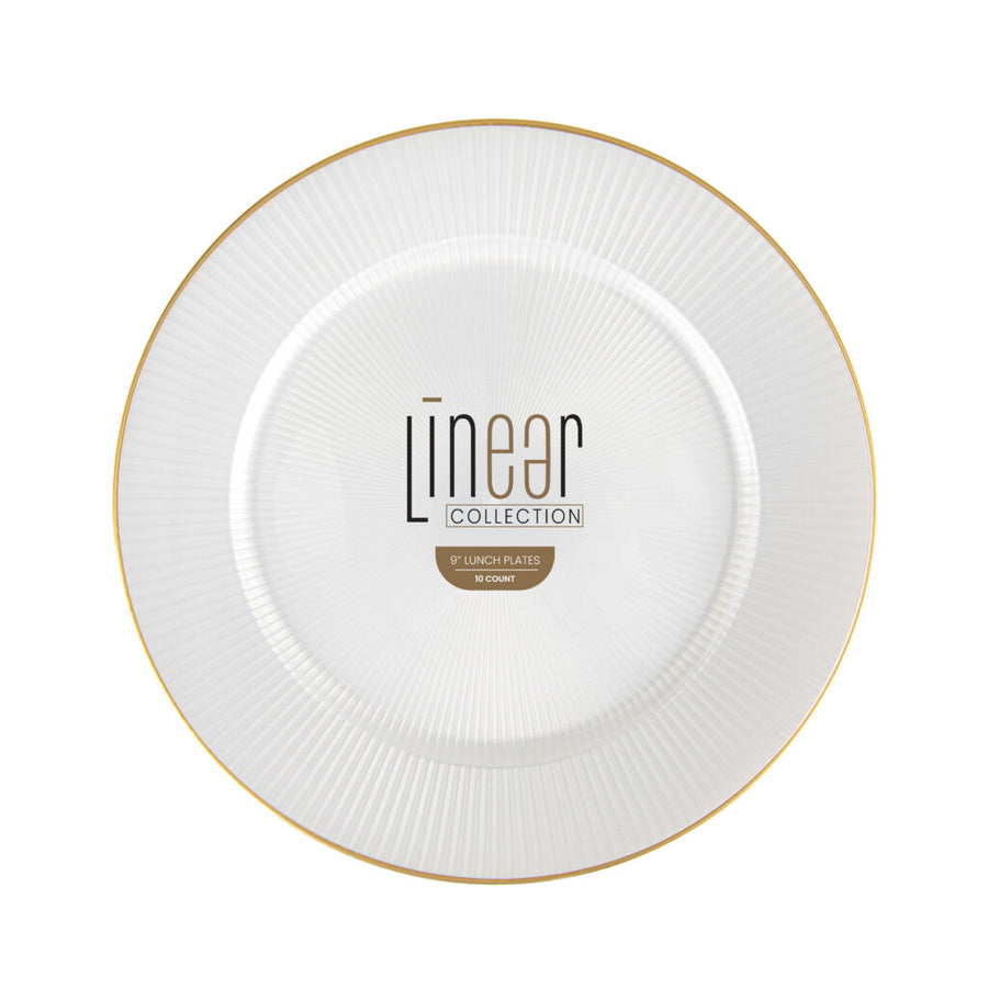 Linear Collection pearl 9 inch lunch plates with gold rim, 10 count
