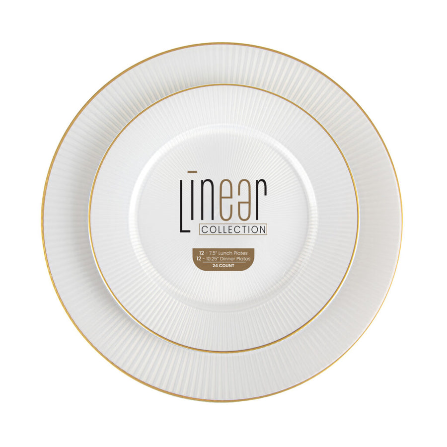 Linear Collection pearl plates with gold rim, 7.5 and 10.25 inch combo pack