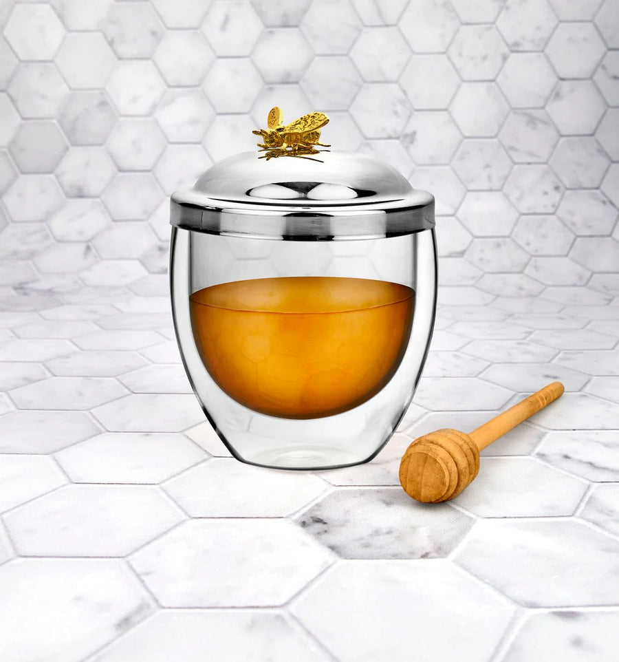Bee Double Walled Glass Honey Jar with Dipper - The Closeout Connection