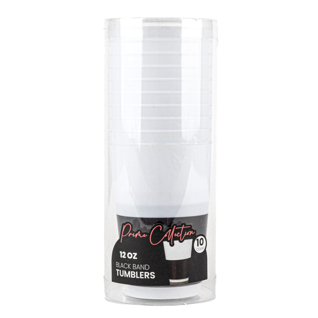 White with Black Band Plastic Round Tumblers- 10 Count