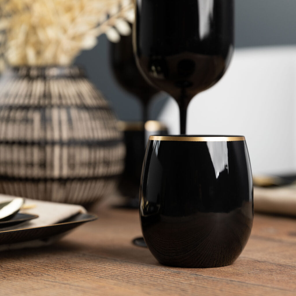 12oz Black/Gold Rim Stemless Goblets - 6 Count