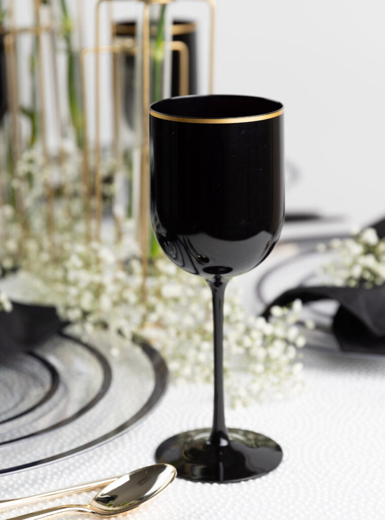 12oz Black Gold Rim Wine Glasses- 5 Count - The Closeout Connection