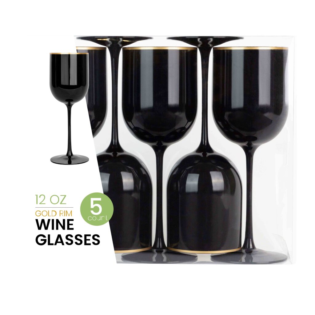 12oz Black Gold Rim Wine Glasses- 5 Count
