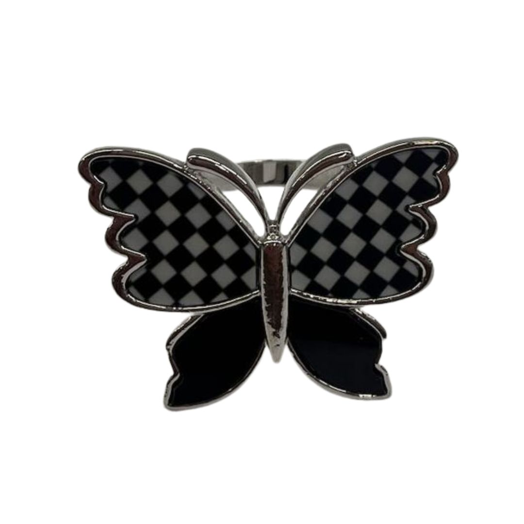 Monarch Black and Silver Checkered Napkin Ring - 4 Count