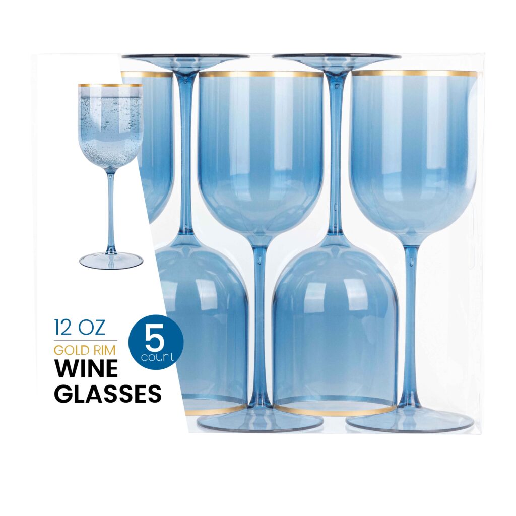 12oz Blue Gold Rim Wine Glasses- 5 Count