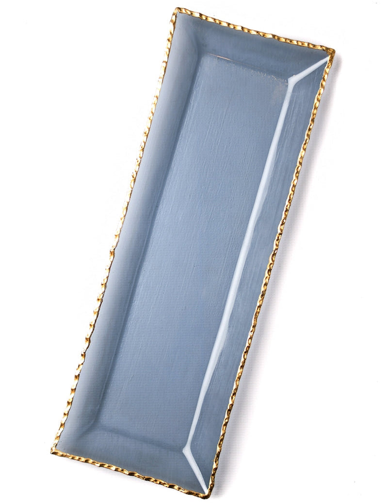 Blue Rectangular Glass Tray with Gold Rim
