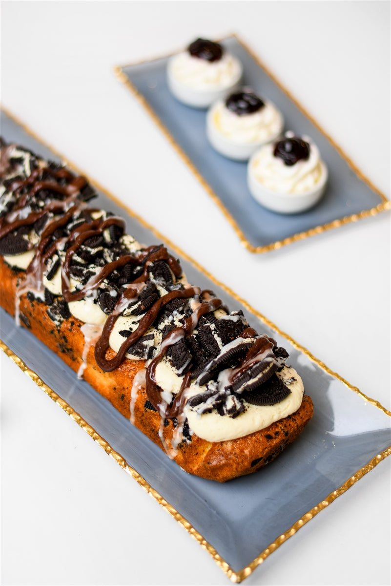 Blue Rectangular Glass Tray with Gold Rim