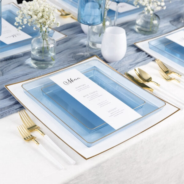 Square Plates Blue Transparent/Gold Rim- 10 Count