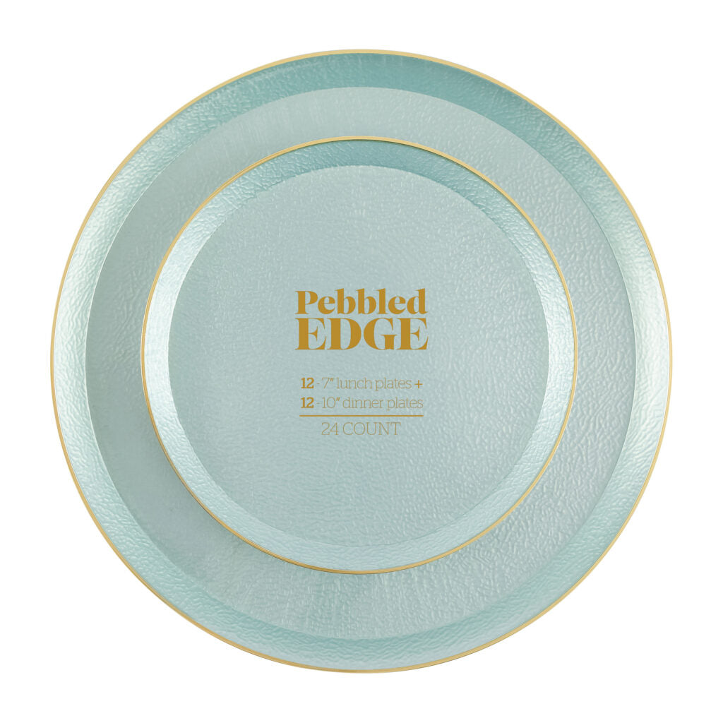 Edge Pebbled Combo Blue Pearl/Gold Rim 7″ & 10″ Plates- 24 Count