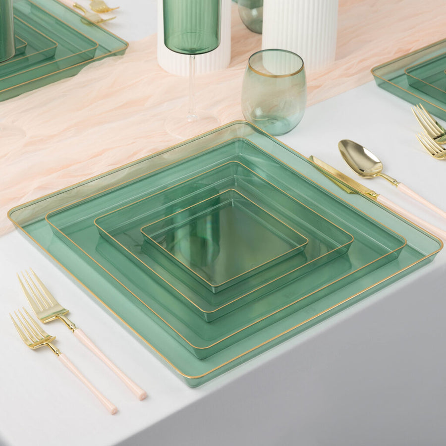 Square 13" Green Transparent/Gold Rim Chargers - 4 Count - The Closeout Connection