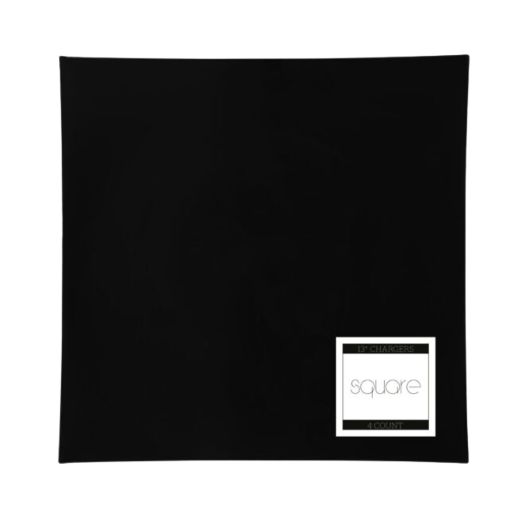 13" Square Flat Black Chargers - 4 Count