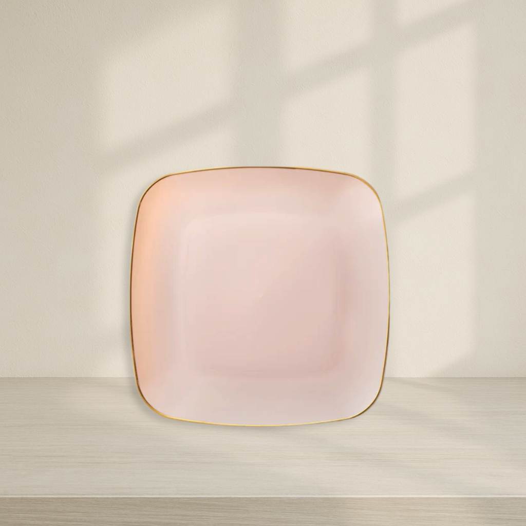 Classic Plastic Dinner Plates Pink with Gold Rim- 10 Count