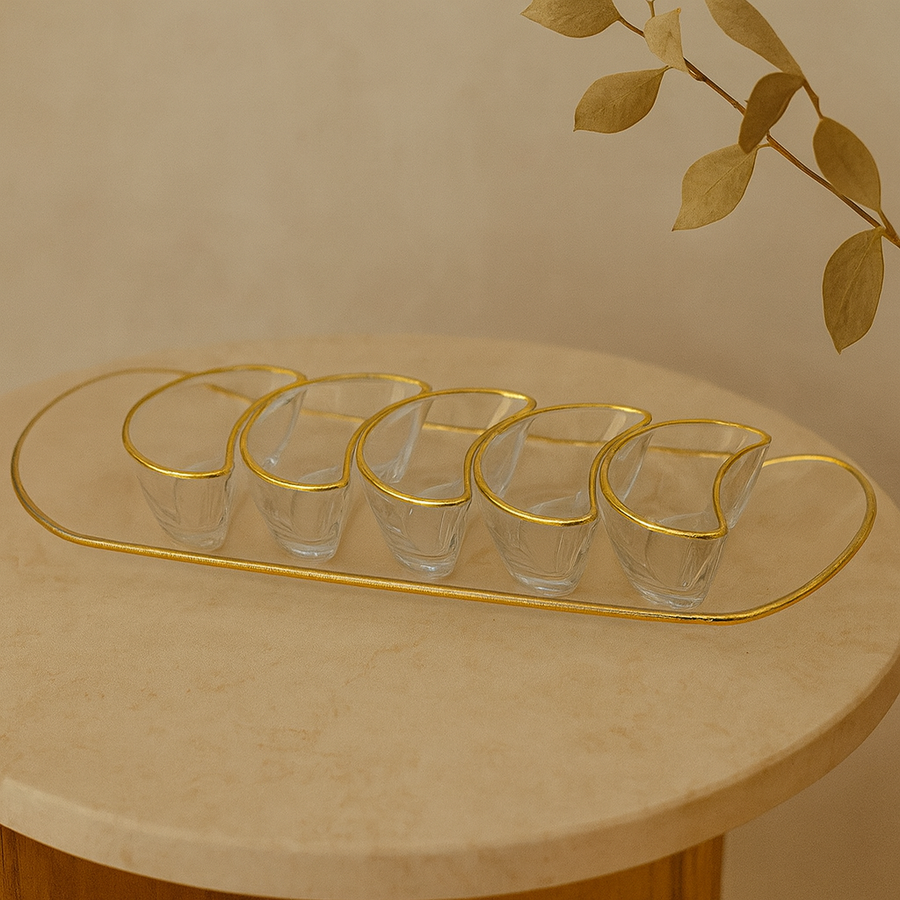Monte Carlo Glass Tray & 5 Moon Bowls with Gold Rim - The Closeout Connection