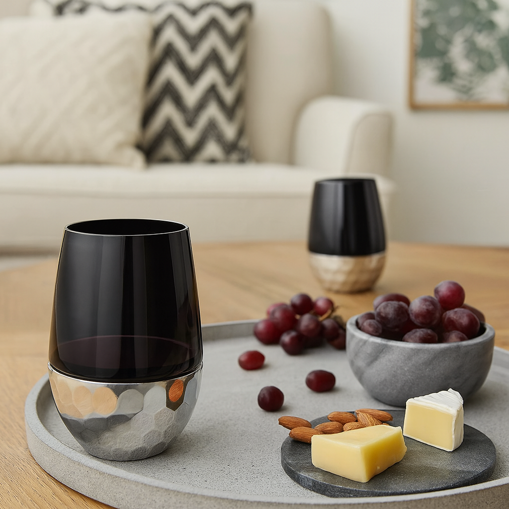 Stemless Black with Silver hammered Wine Goblet