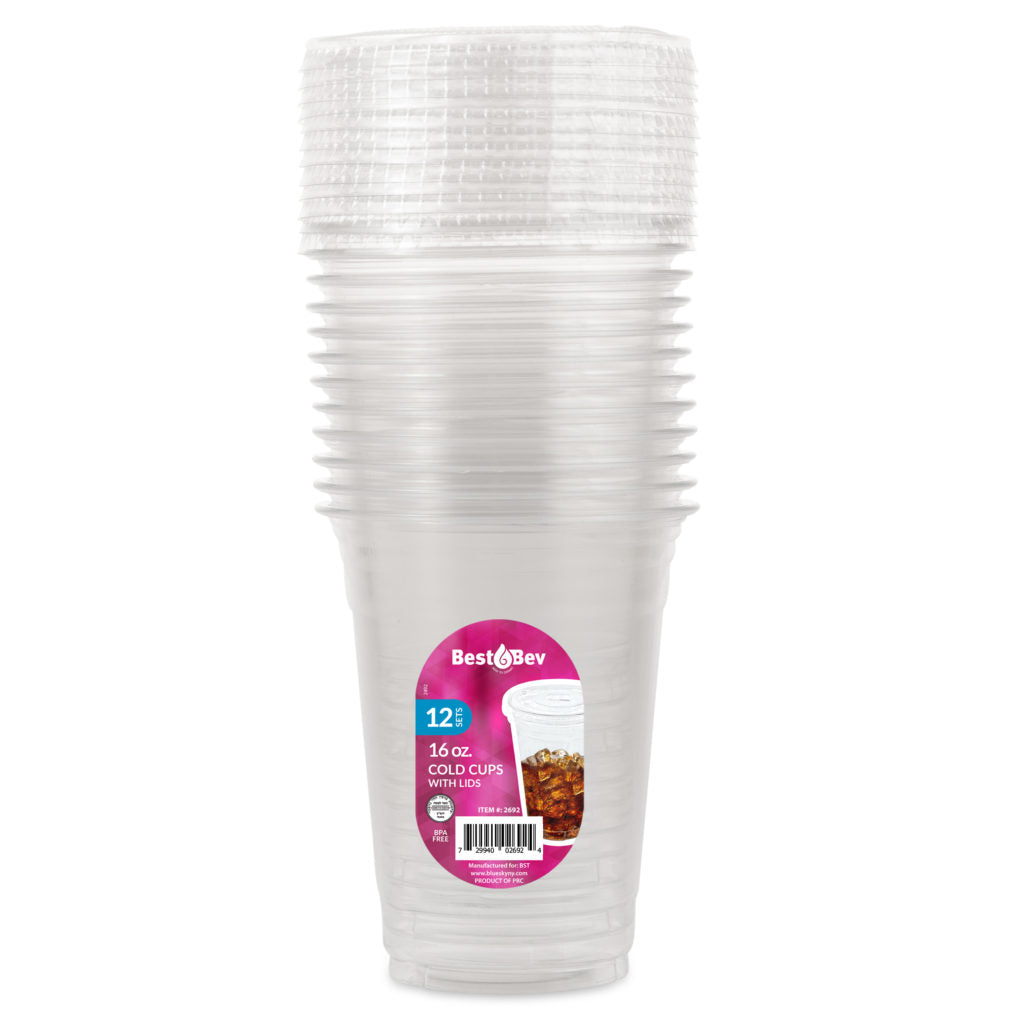 16oz Beverage Cold cups with lids- 12 Count - The Closeout Connection