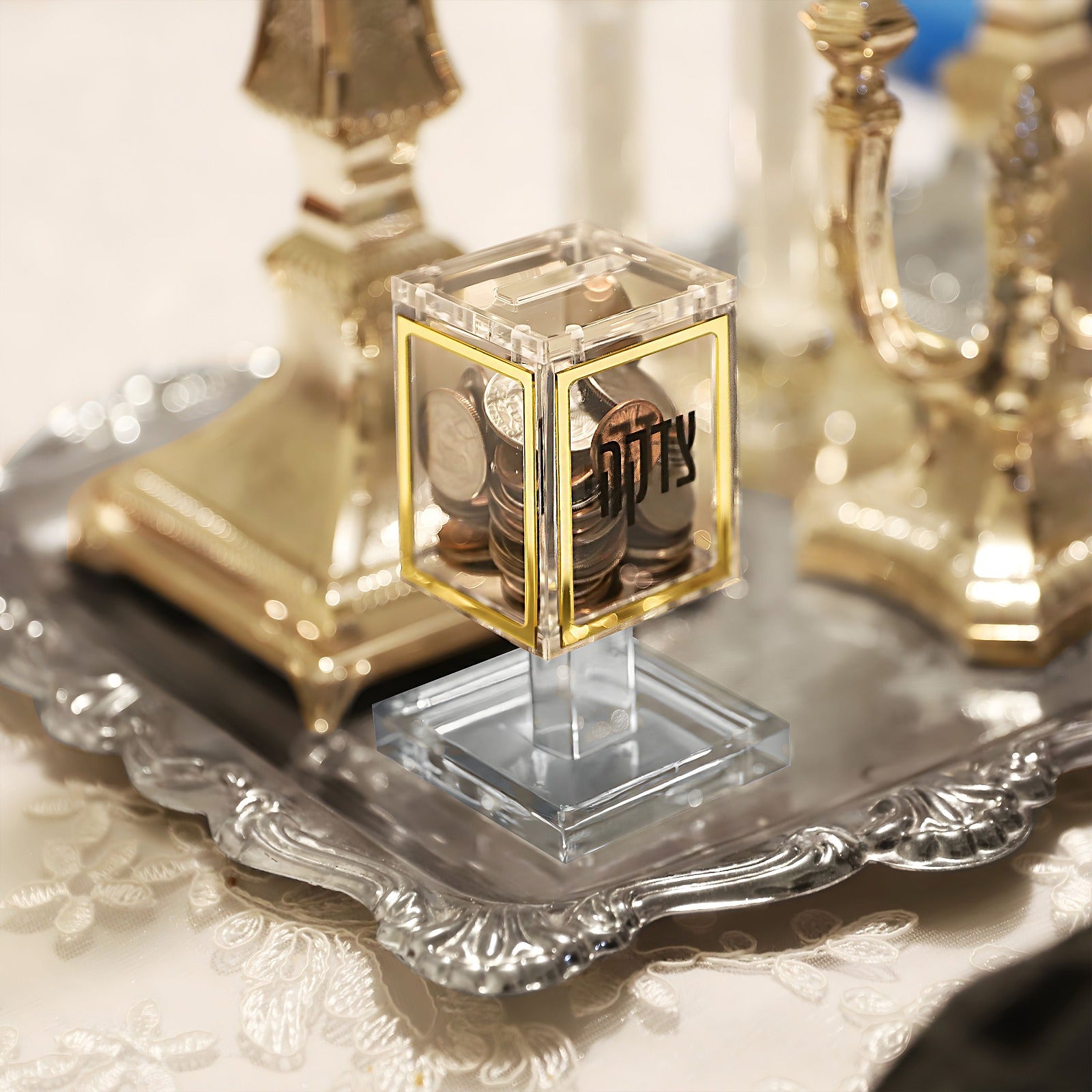 Lucite Clear & Gold Coin Box