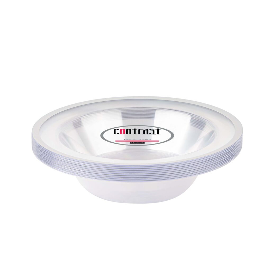 Contrast Soup Bowls Clear Silver Rim - 10 Count